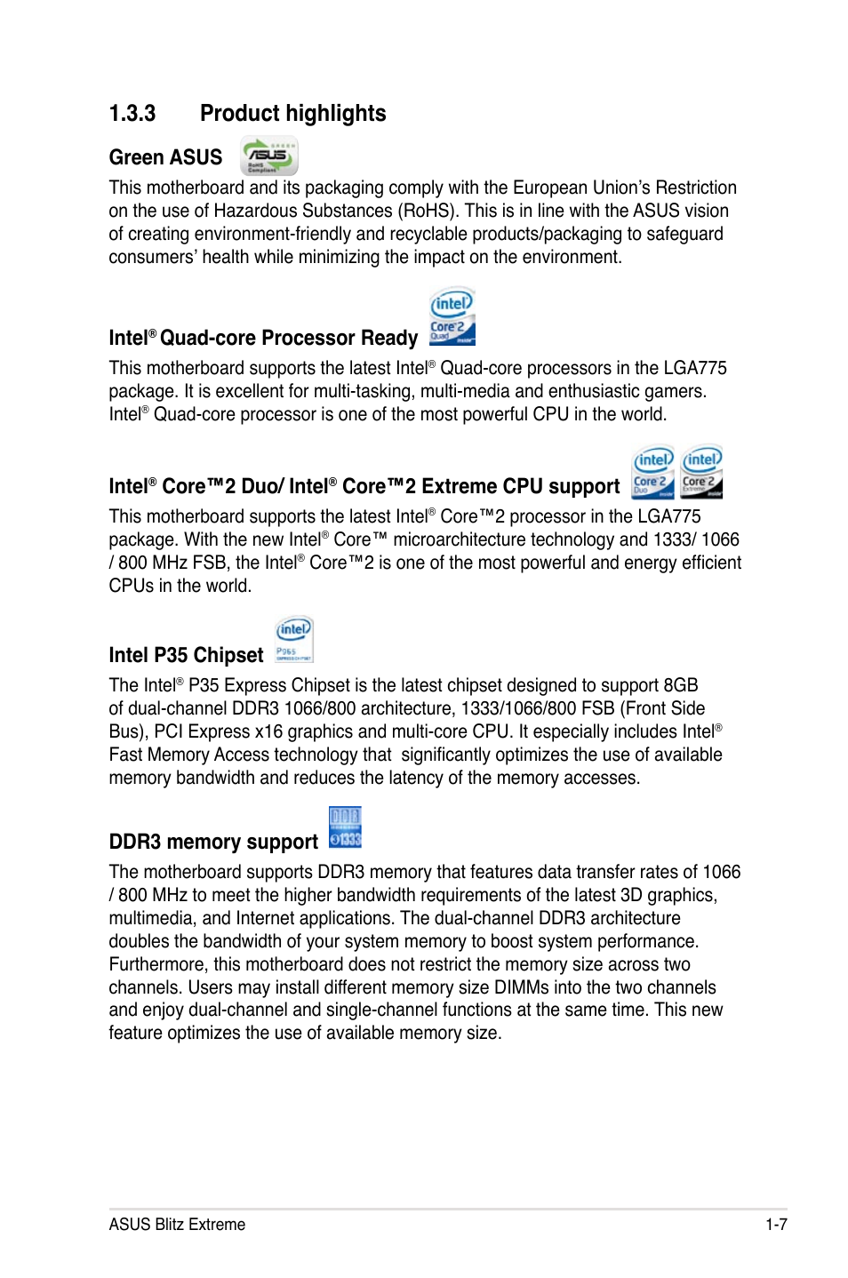 3 product highlights, Green asus, Intel | Quad-core processor ready, Core™2 duo/ intel, Core™2 extreme cpu support, Intel p35 chipset | Asus Blitz Extreme User Manual | Page 23 / 188