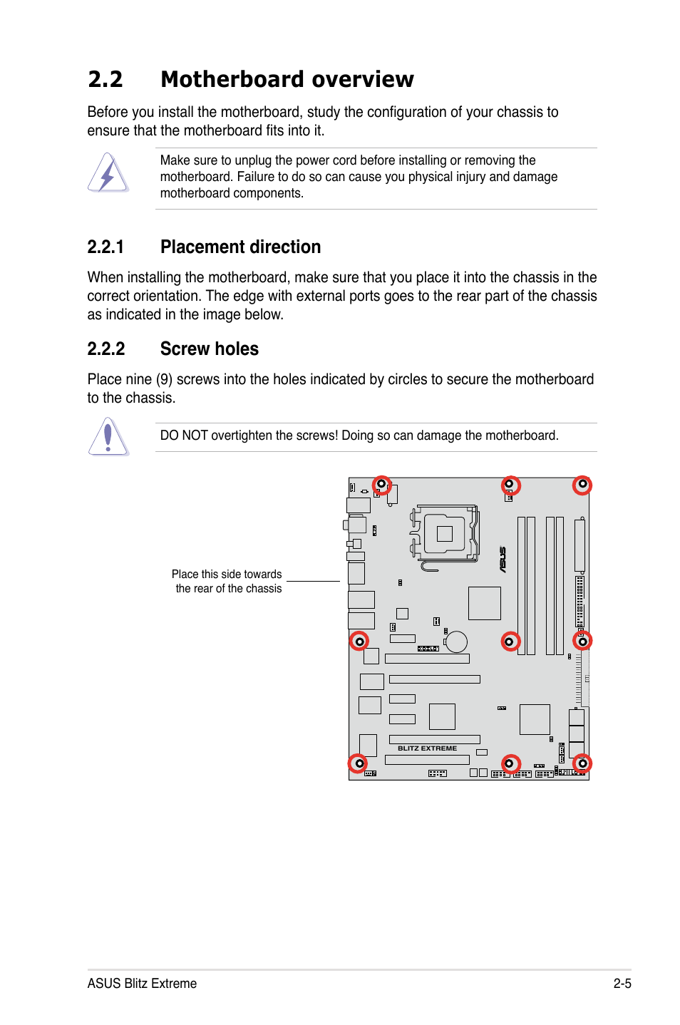 2 motherboard overview, 1 placement direction, 2 screw holes | Asus Blitz Extreme User Manual | Page 31 / 188