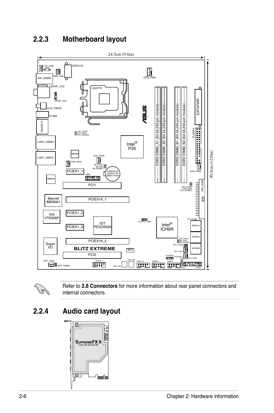 3 motherboard layout, 4 audio card layout, 6 chapter 2: hardware information | Blitz extreme, Intel, Ich9r | Asus Blitz Extreme User Manual | Page 32 / 188