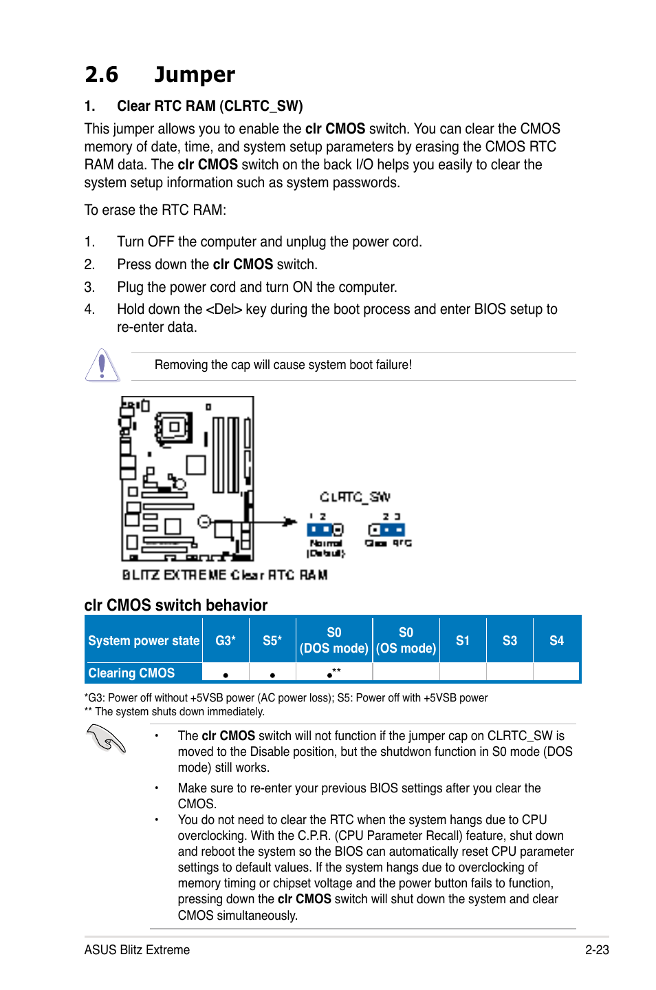 6 jumper, Clr cmos switch behavior | Asus Blitz Extreme User Manual | Page 49 / 188