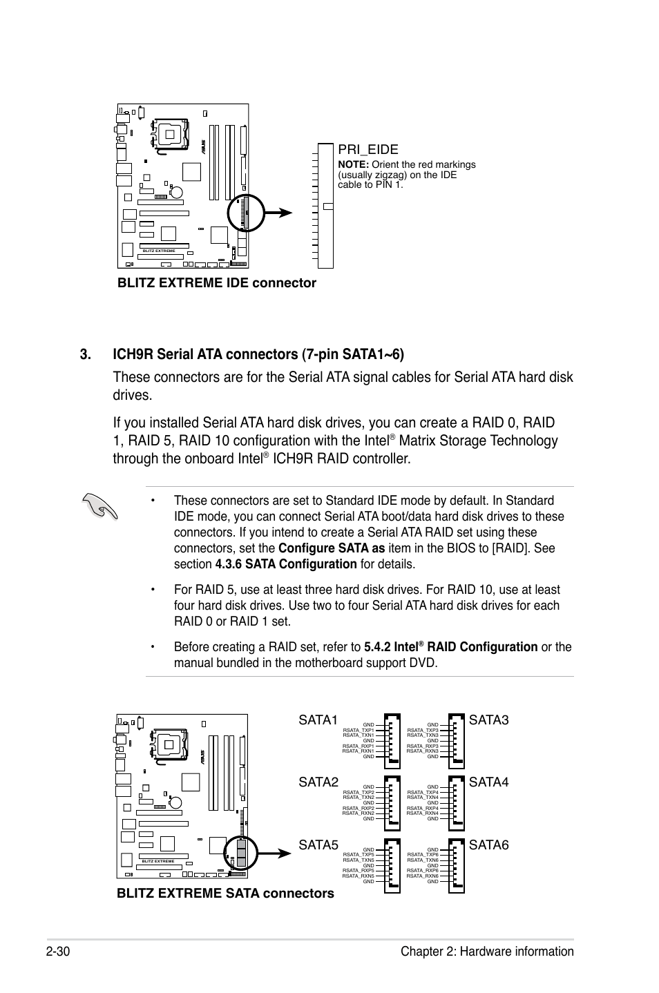 Ich9r raid controller, 30 chapter 2: hardware information, Blitz extreme ide connector | Pri_eide, Blitz extreme sata connectors, Sata1, Sata3, Sata2, Sata4, Sata5 | Asus Blitz Extreme User Manual | Page 56 / 188