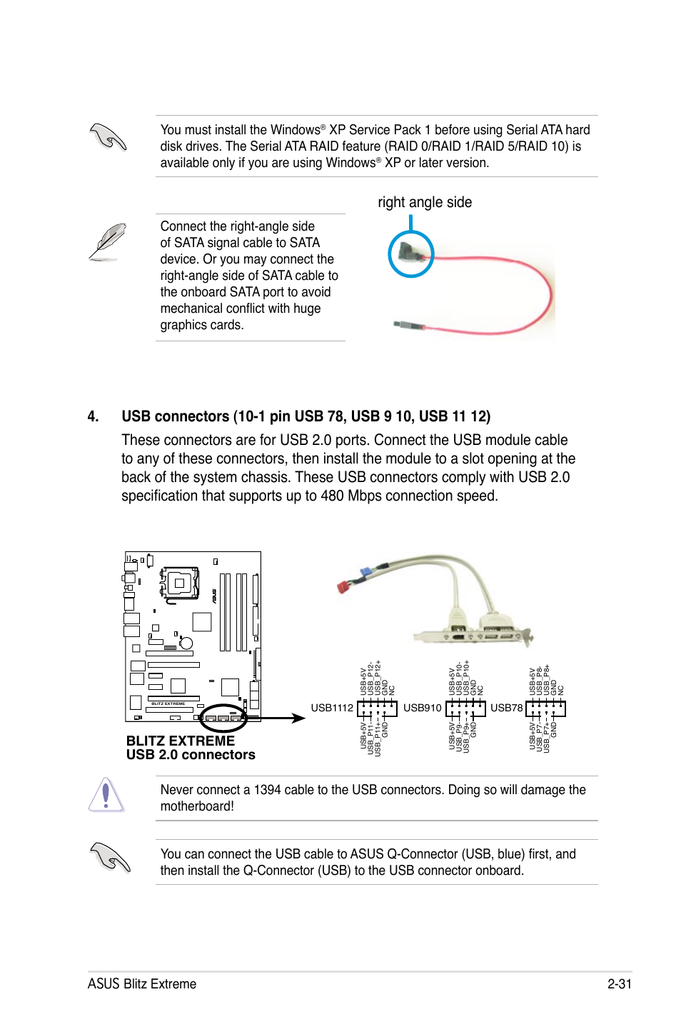 Right angle side, You must install the windows, Xp or later version | Blitz extreme usb 2.0 connectors | Asus Blitz Extreme User Manual | Page 57 / 188