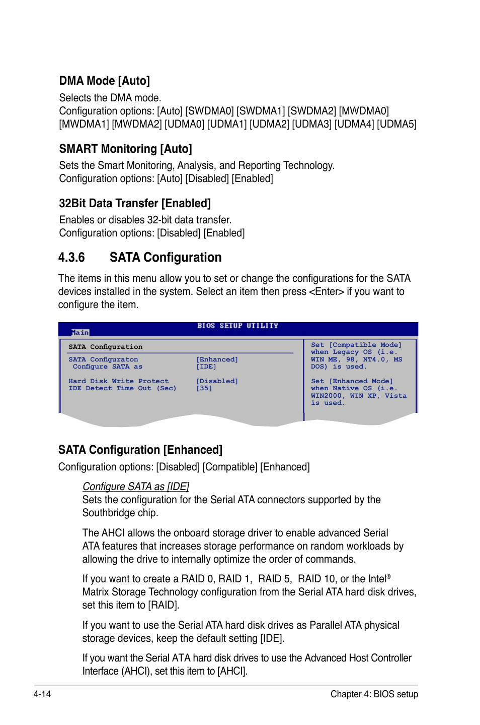 6 sata configuration, Dma mode [auto, Smart monitoring [auto | 32bit data transfer [enabled, Sata configuration [enhanced | Asus Blitz Extreme User Manual | Page 88 / 188