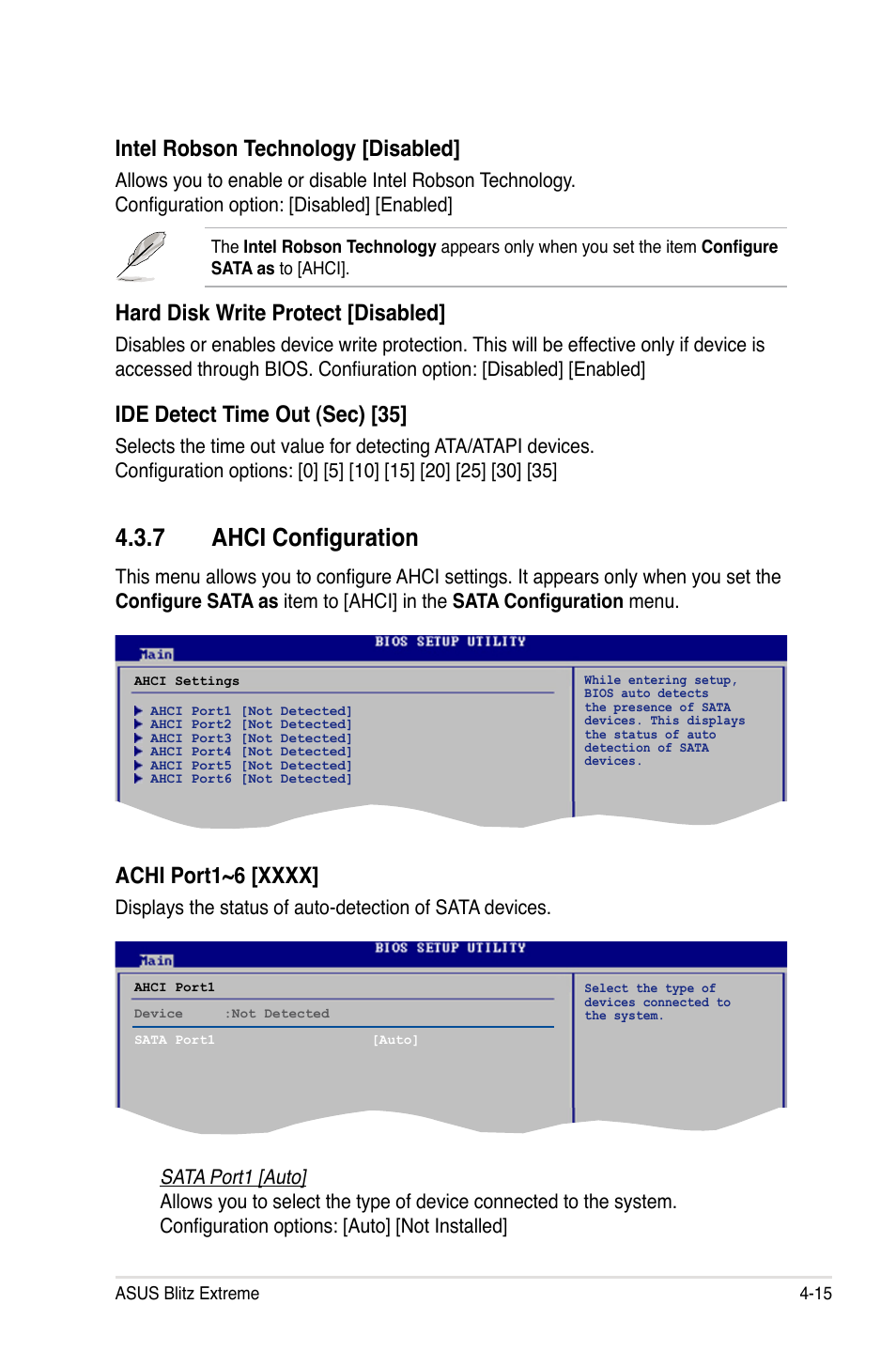 7 ahci configuration, Intel robson technology [disabled, Hard disk write protect [disabled | Ide detect time out (sec) [35 | Asus Blitz Extreme User Manual | Page 89 / 188