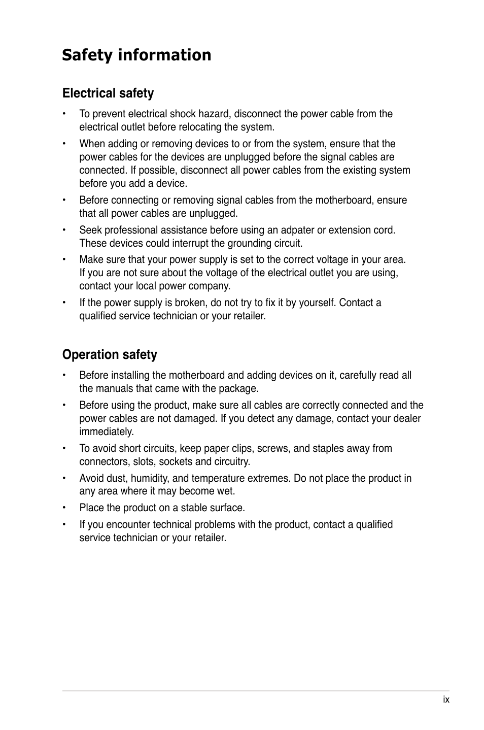 Safety information, Electrical safety, Operation safety | Asus Blitz Extreme User Manual | Page 9 / 188