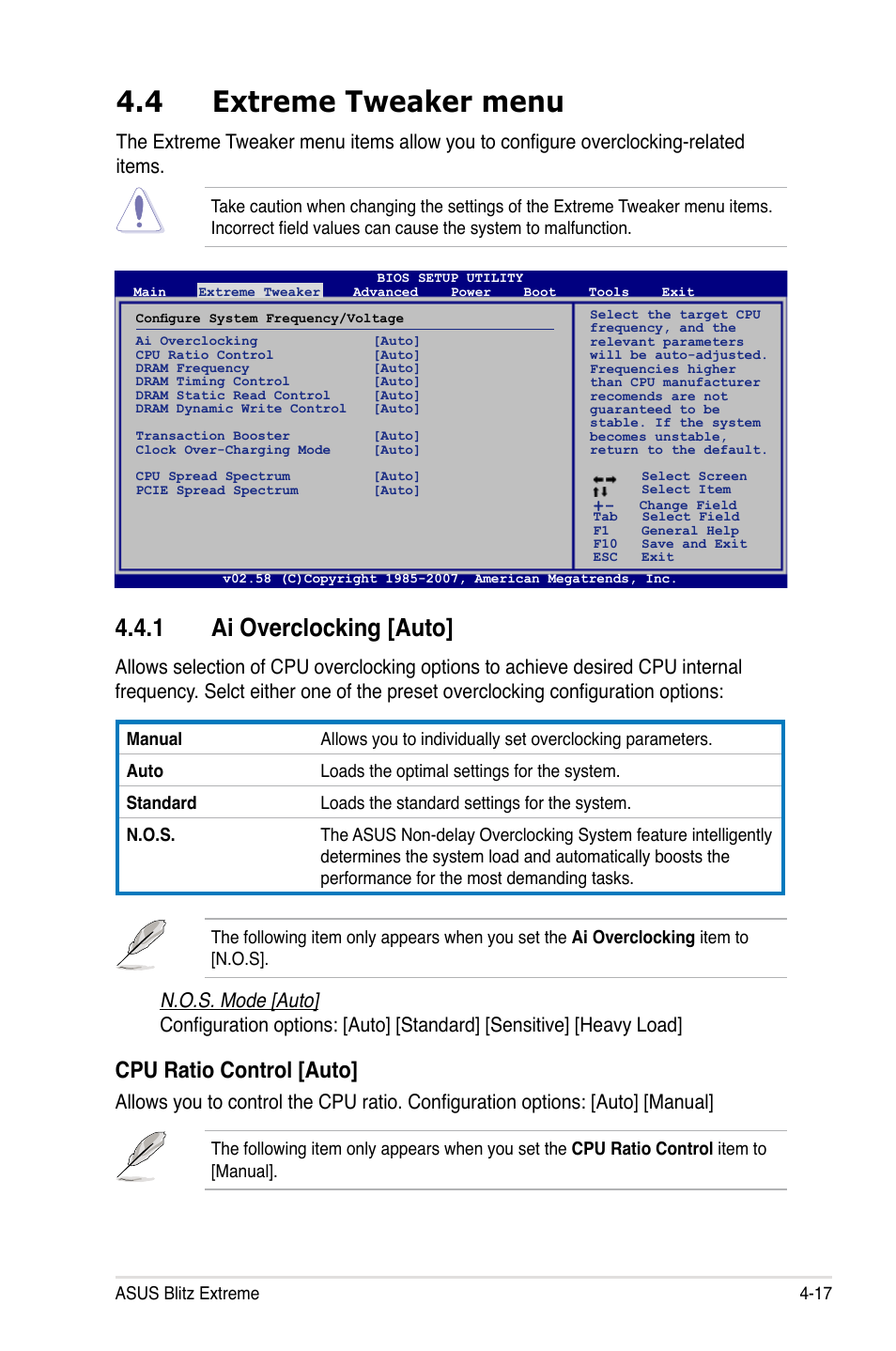 4 extreme tweaker menu, 1 ai overclocking [auto, Cpu ratio control [auto | Asus Blitz Extreme User Manual | Page 91 / 188