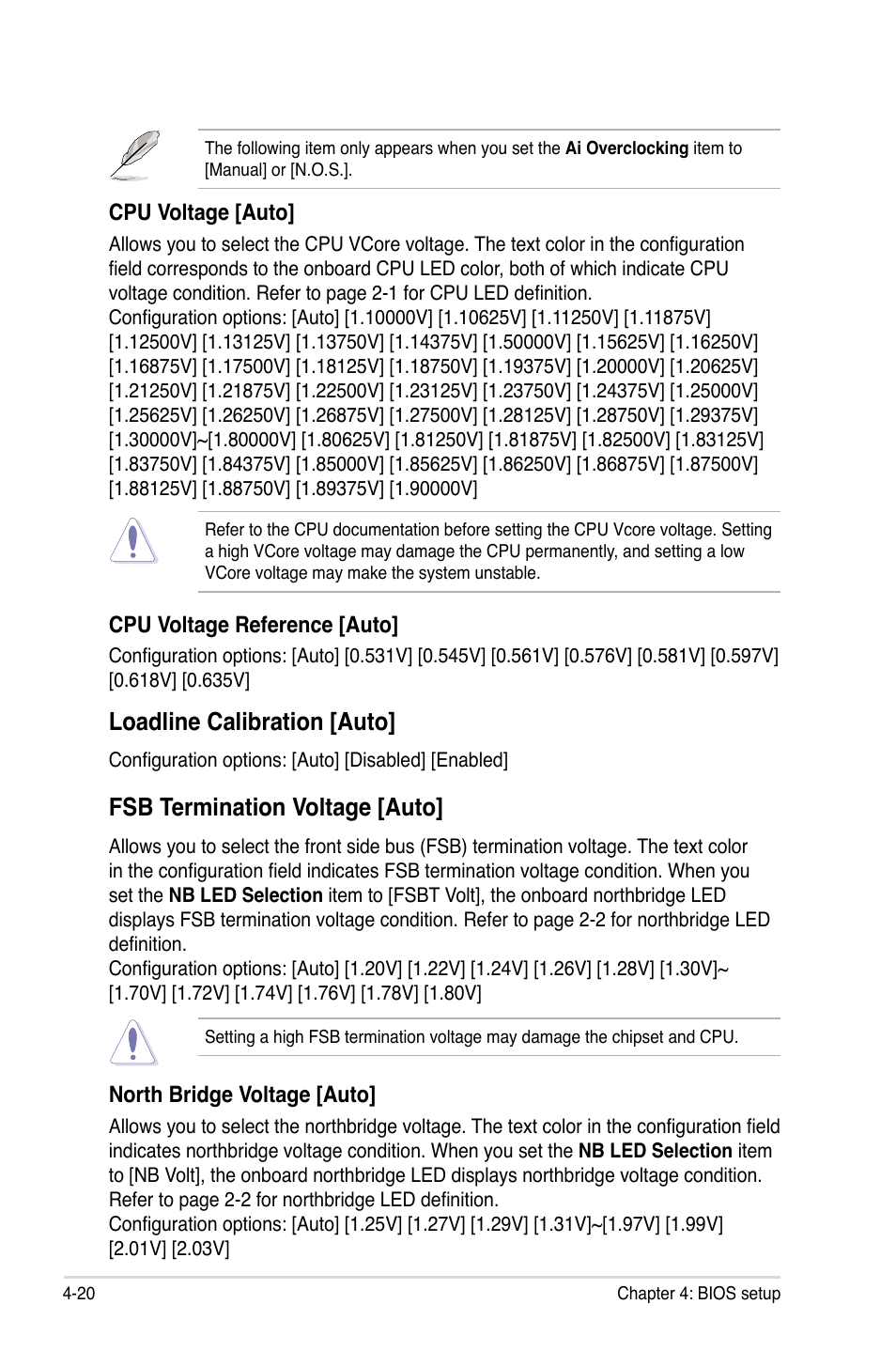 Loadline calibration [auto, Fsb termination voltage [auto | Asus Blitz Extreme User Manual | Page 94 / 188