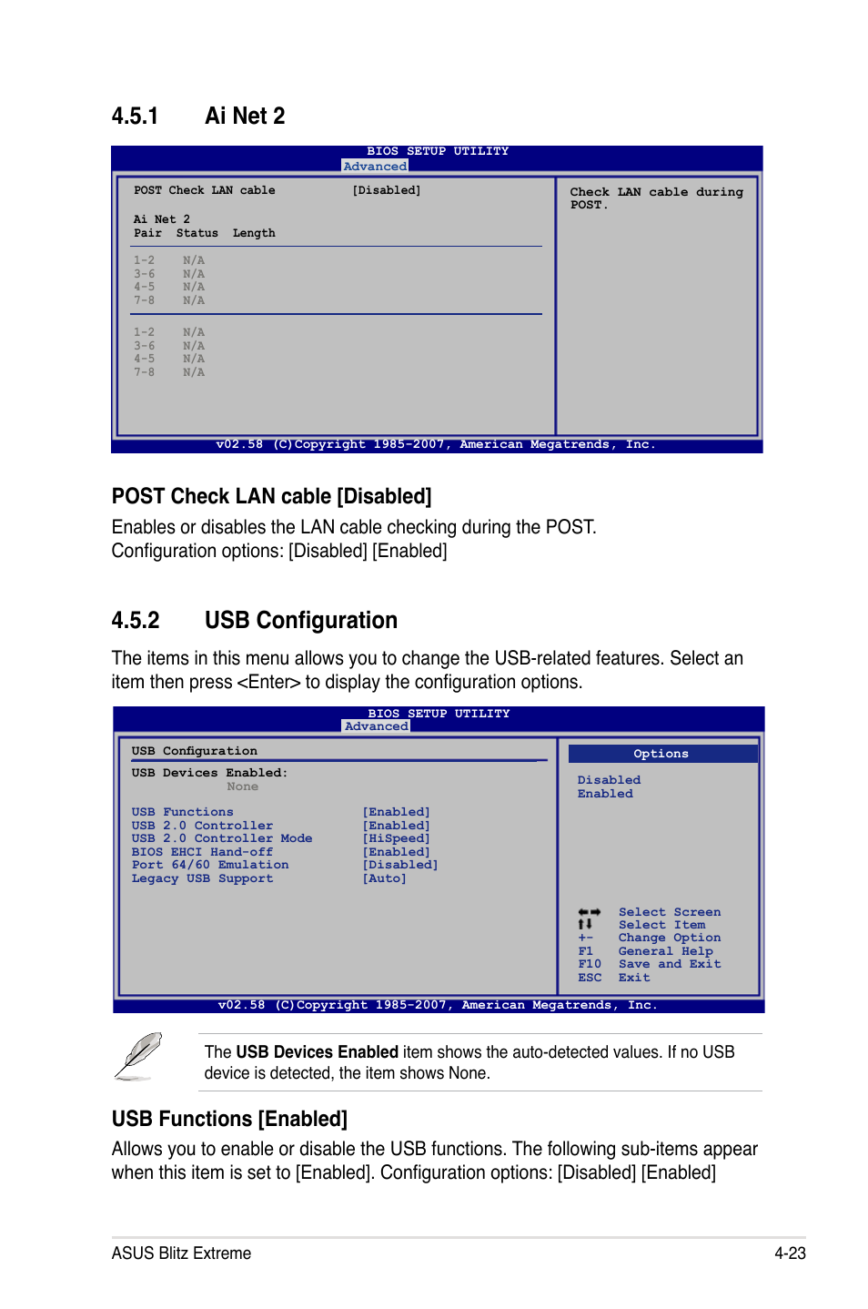 2 usb configuration, 1 ai net 2, Usb functions [enabled | Post check lan cable [disabled | Asus Blitz Extreme User Manual | Page 97 / 188