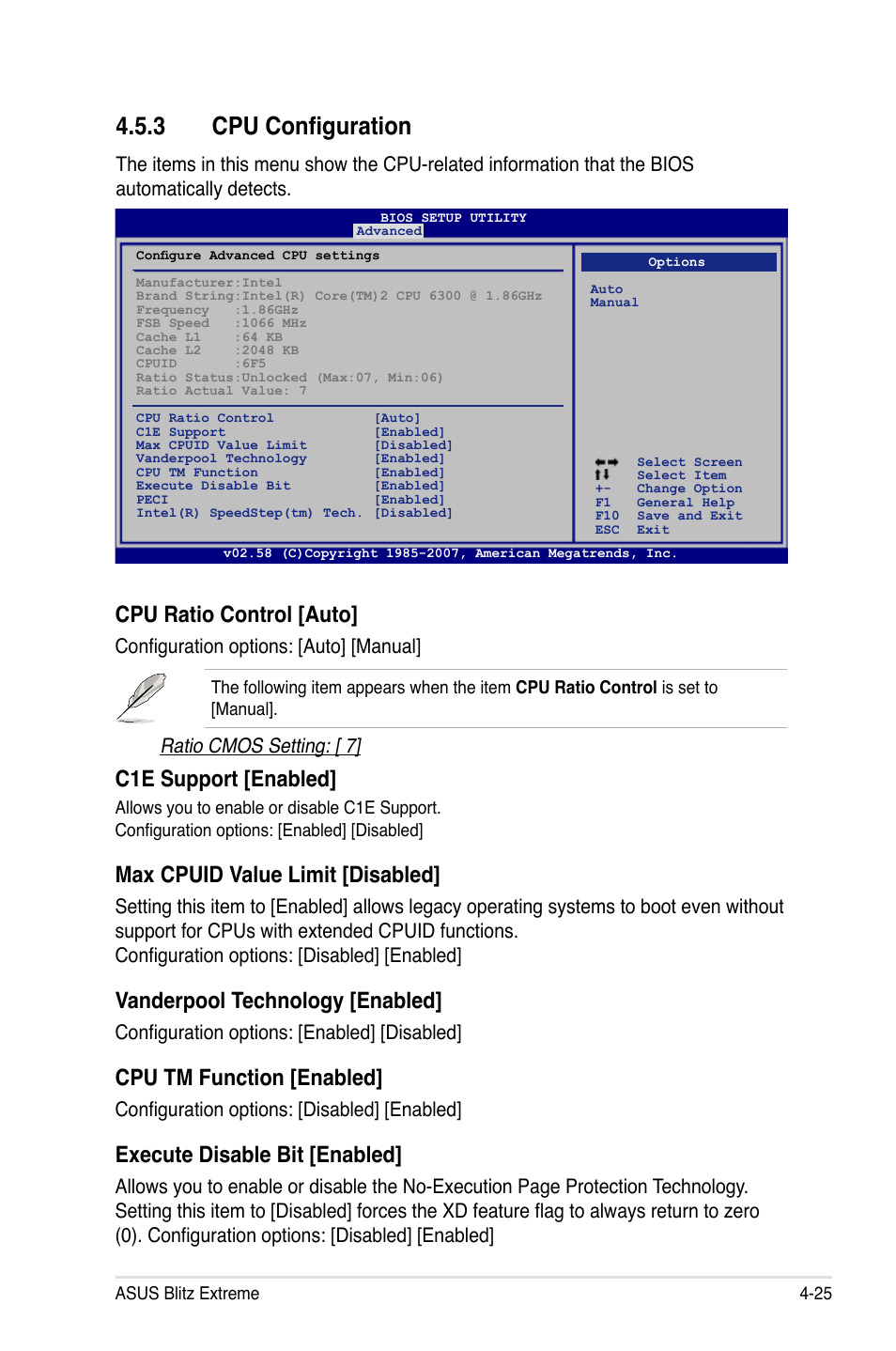 3 cpu configuration, Cpu ratio control [auto, C1e support [enabled | Max cpuid value limit [disabled, Vanderpool technology [enabled, Cpu tm function [enabled, Execute disable bit [enabled, Configuration options: [auto] [manual, Ratio cmos setting: [ 7, Configuration options: [enabled] [disabled | Asus Blitz Extreme User Manual | Page 99 / 188