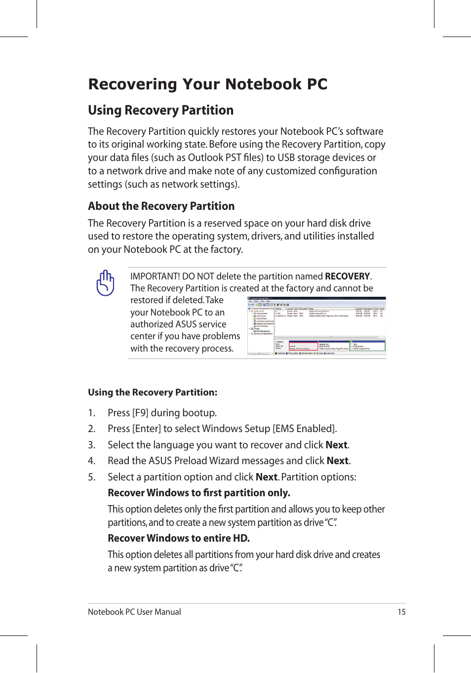 Using recovery partition | Asus U45JC User Manual | Page 15 / 30