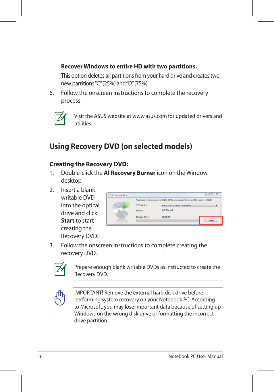 Using recovery dvd (on selected models) | Asus U45JC User Manual | Page 16 / 30