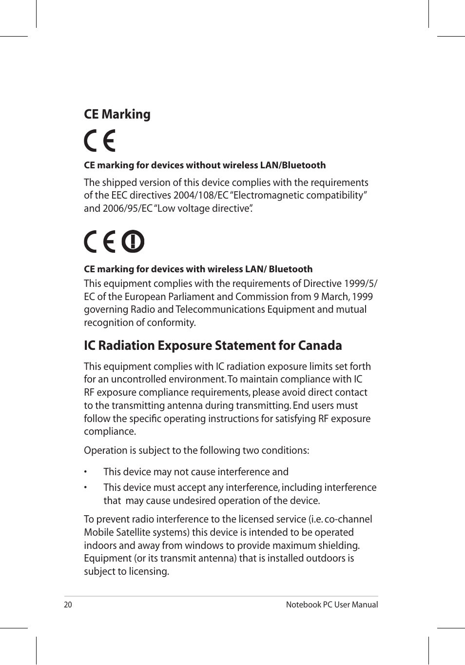 Ce marking, Ic radiation exposure statement for canada | Asus U45JC User Manual | Page 20 / 30