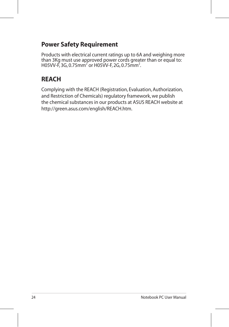 Power safety requirement, Reach | Asus U45JC User Manual | Page 24 / 30