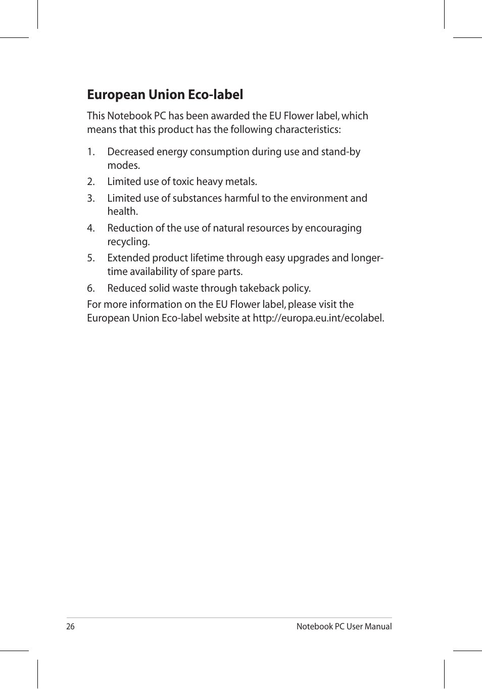 European union eco-label | Asus U45JC User Manual | Page 26 / 30