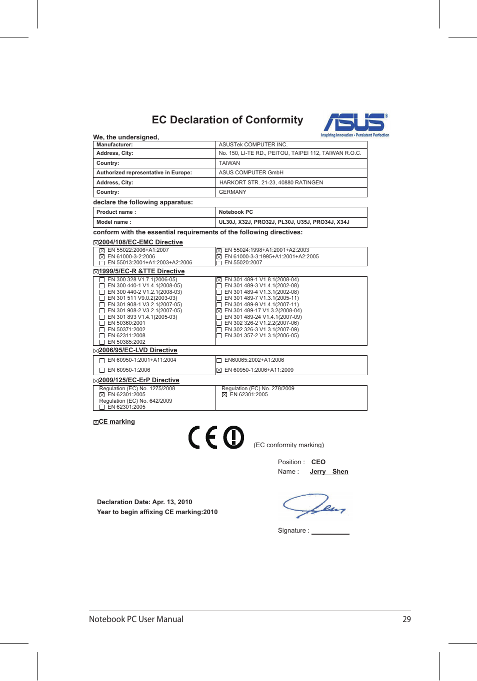 Ec declaration of conformity | Asus U45JC User Manual | Page 29 / 30