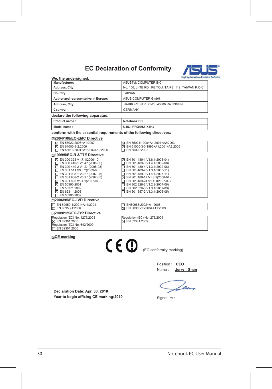 Ec declaration of conformity | Asus U45JC User Manual | Page 30 / 30