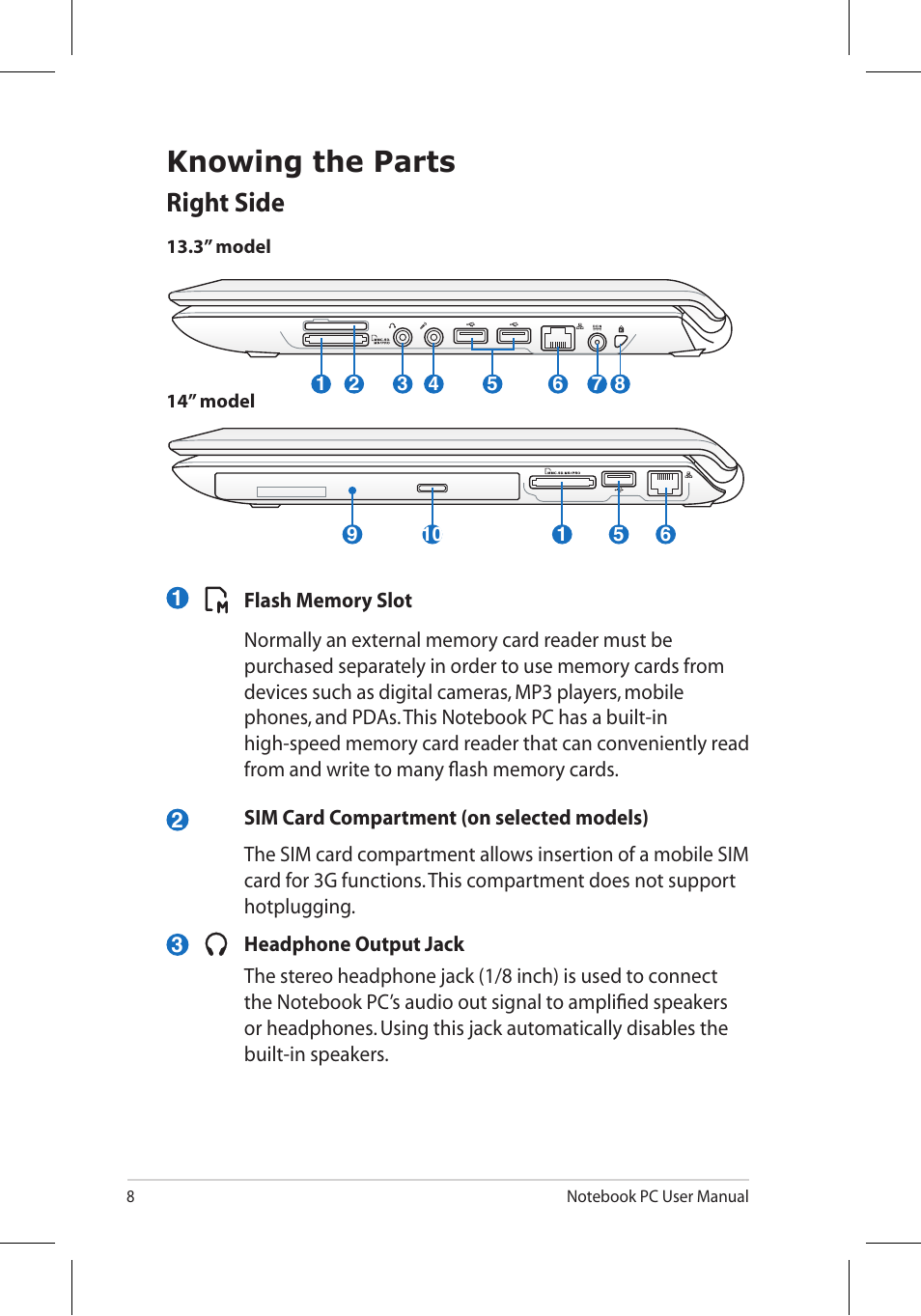 Knowing the parts, Right side | Asus U45JC User Manual | Page 8 / 30