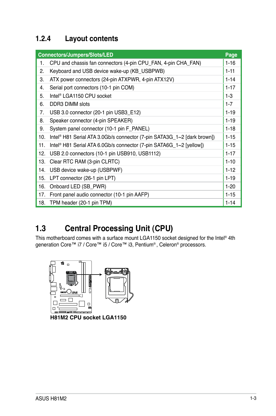 3 central processing unit (cpu), Central processing unit (cpu) -3, 4 layout contents | Asus H81M2 User Manual | Page 11 / 75