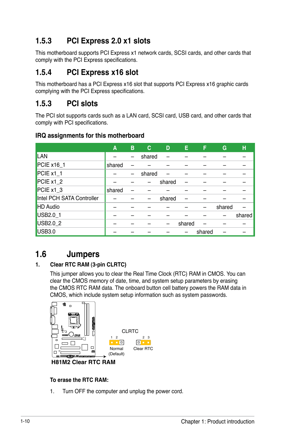 6 jumpers, Jumpers -10, 3 pci express 2.0 x1 slots | 4 pci express x16 slot, 3 pci slots | Asus H81M2 User Manual | Page 18 / 75