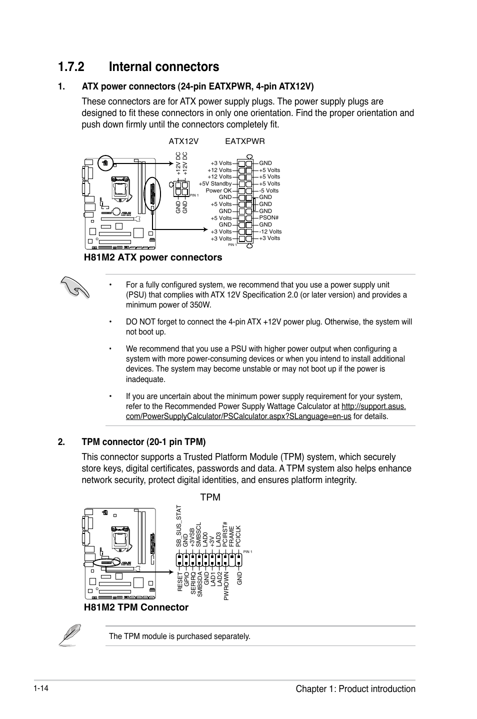 2 internal connectors, Chapter 1: product introduction, H81m2 atx power connectors | H81m2 tpm connector | Asus H81M2 User Manual | Page 22 / 75