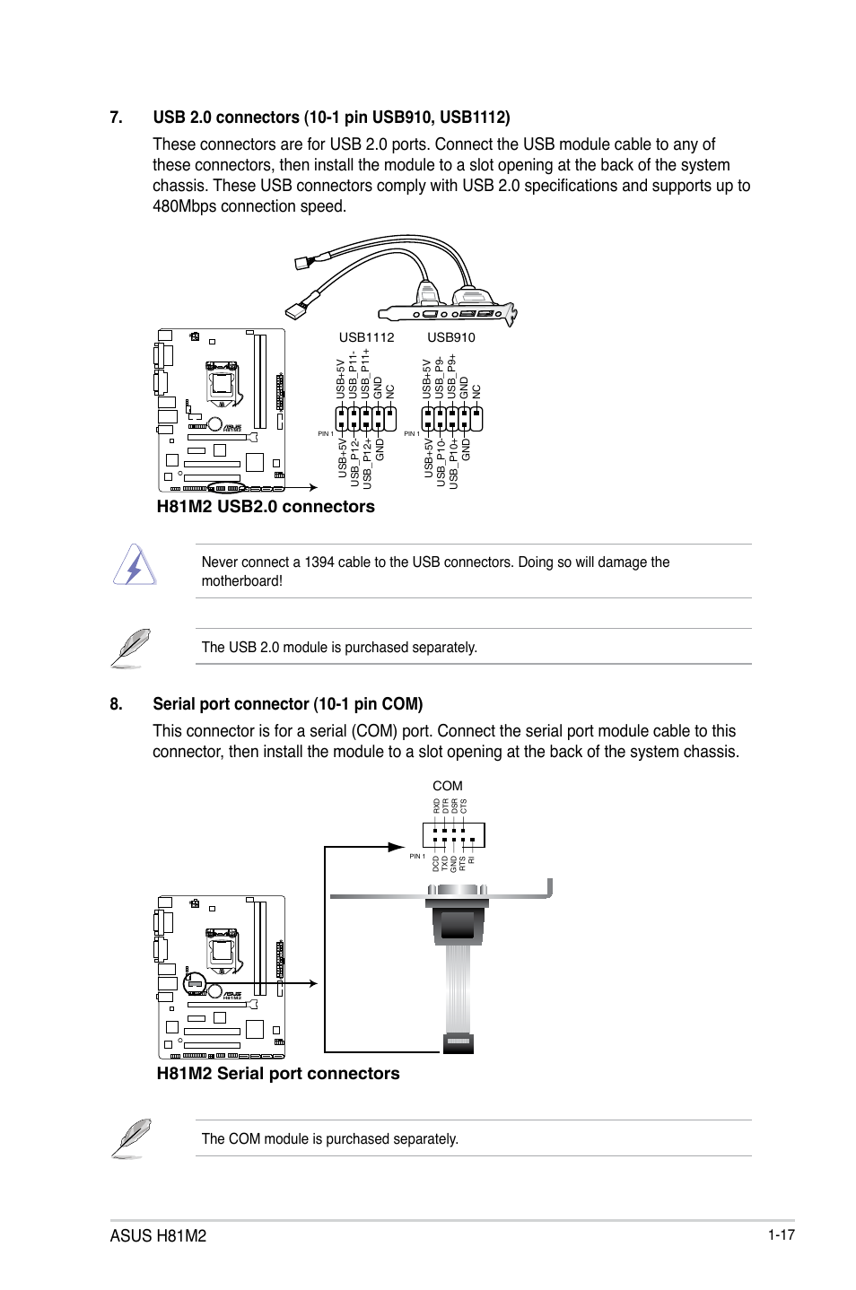 Asus h81m2, H81m2 serial port connectors | Asus H81M2 User Manual | Page 25 / 75