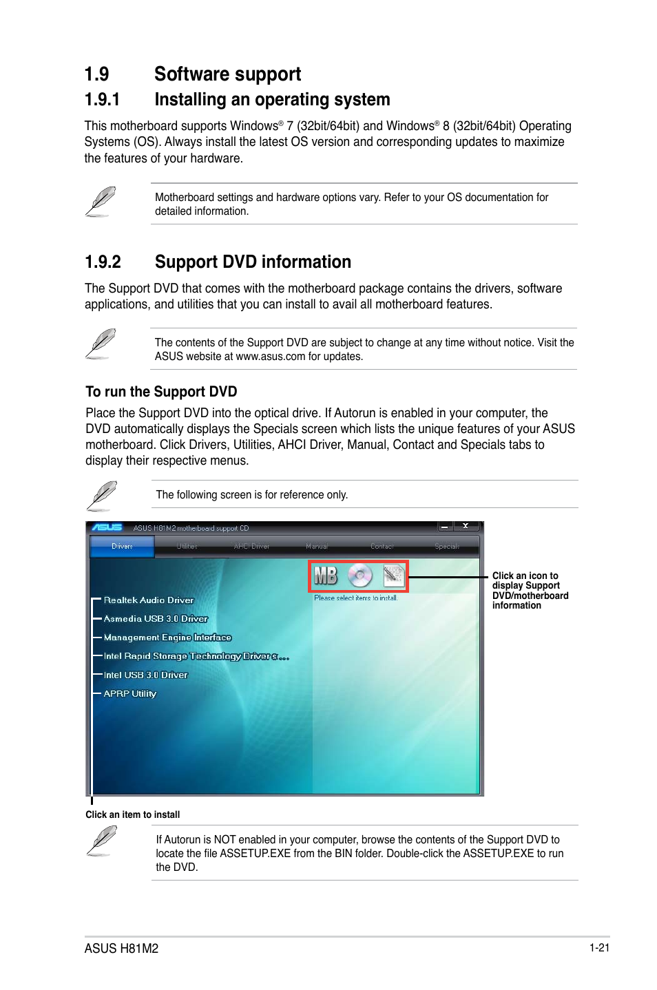 9 software support, Software support -21, 1 installing an operating system | 2 support dvd information | Asus H81M2 User Manual | Page 29 / 75