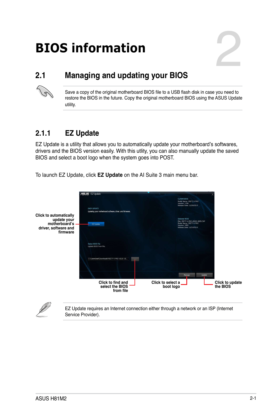 Chapter 2: bios information, 1 managing and updating your bios, Bios information | Managing and updating your bios -1 | Asus H81M2 User Manual | Page 30 / 75