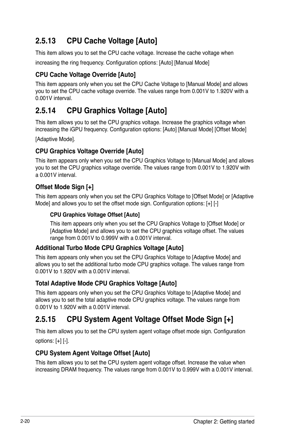 13 cpu cache voltage [auto, 14 cpu graphics voltage [auto, 15 cpu system agent voltage offset mode sign | Asus H81M2 User Manual | Page 49 / 75