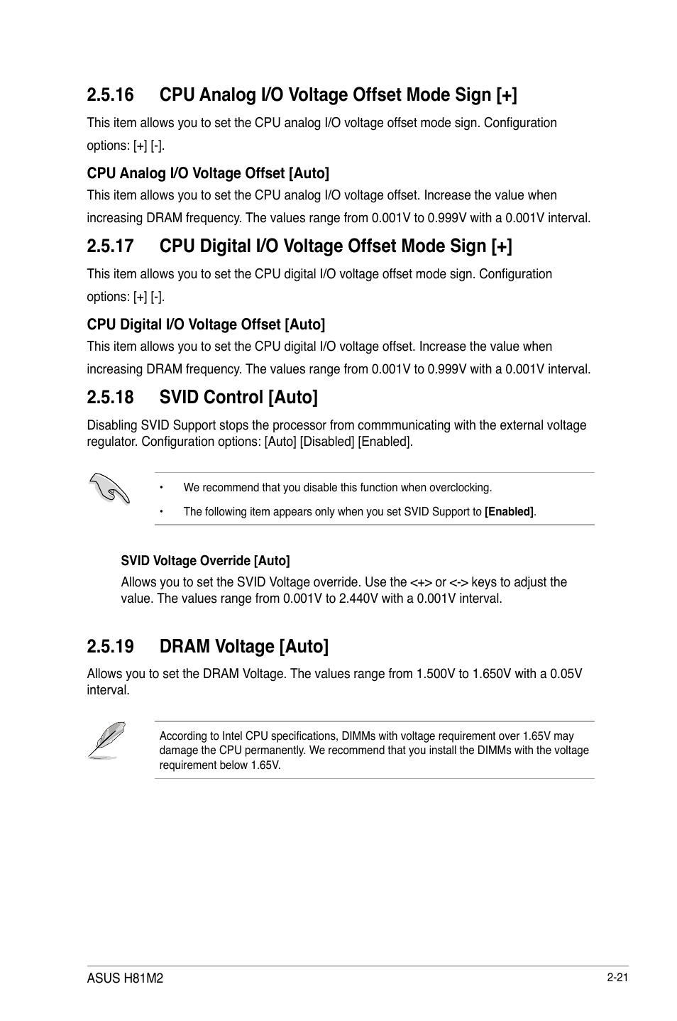 16 cpu analog i/o voltage offset mode sign, 17 cpu digital i/o voltage offset mode sign, 18 svid control [auto | 19 dram voltage [auto | Asus H81M2 User Manual | Page 50 / 75