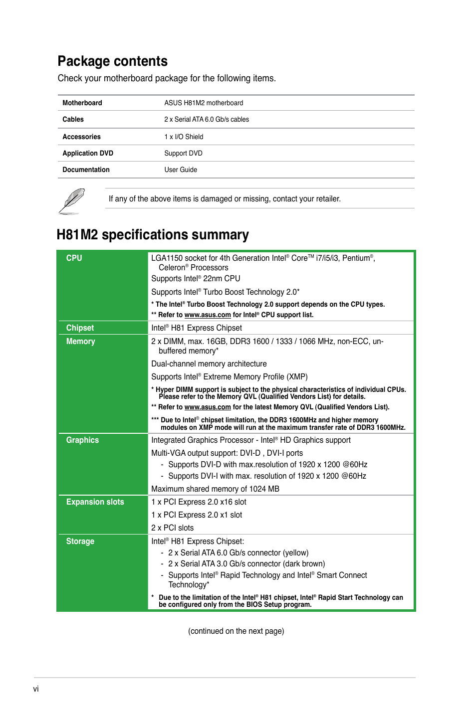 Package contents, H81m2 specifications summary | Asus H81M2 User Manual | Page 6 / 75