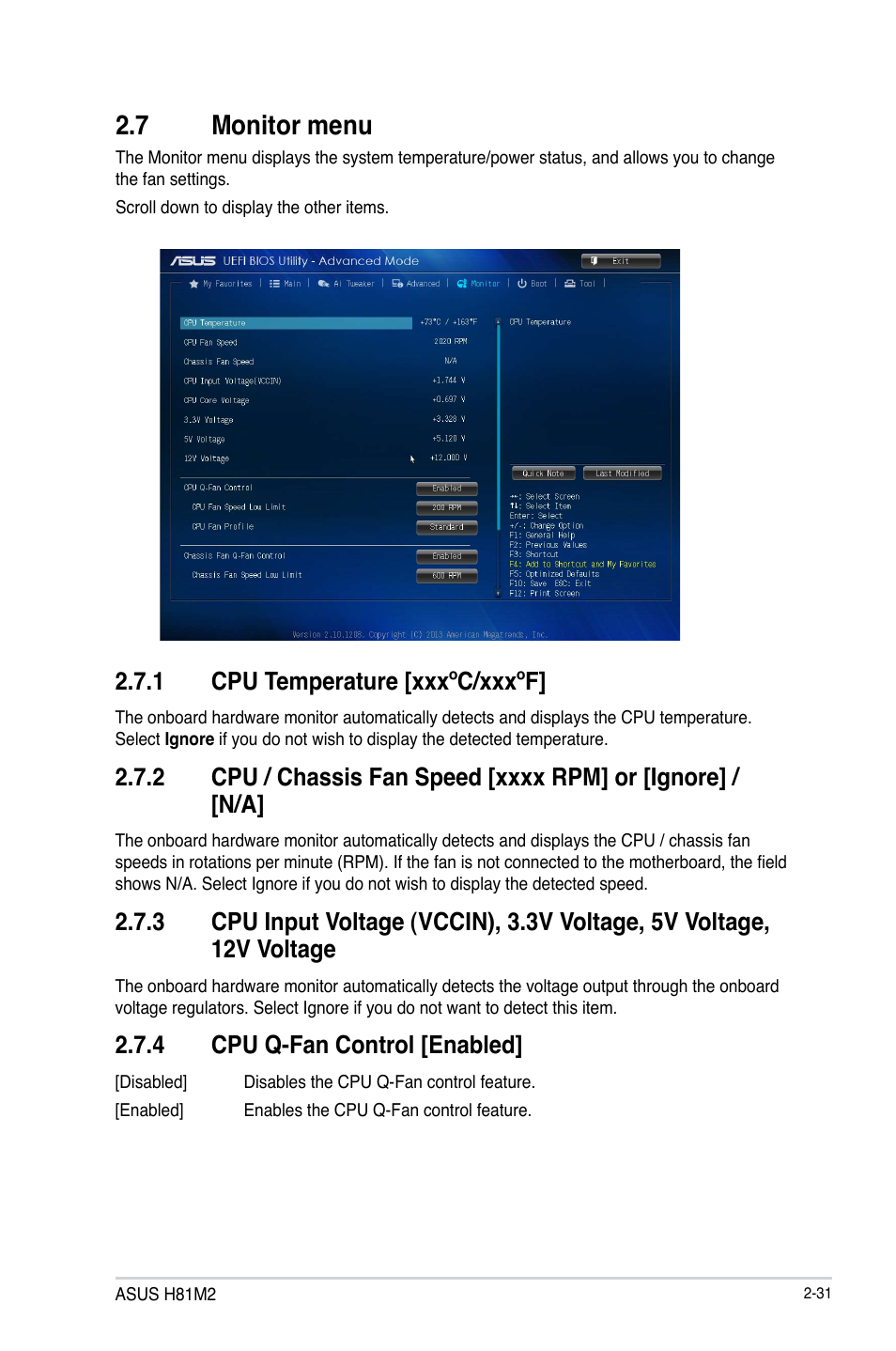 7 monitor menu, Monitor menu -31, 1 cpu temperature [xxxºc/xxxºf | 4 cpu q-fan control [enabled | Asus H81M2 User Manual | Page 60 / 75