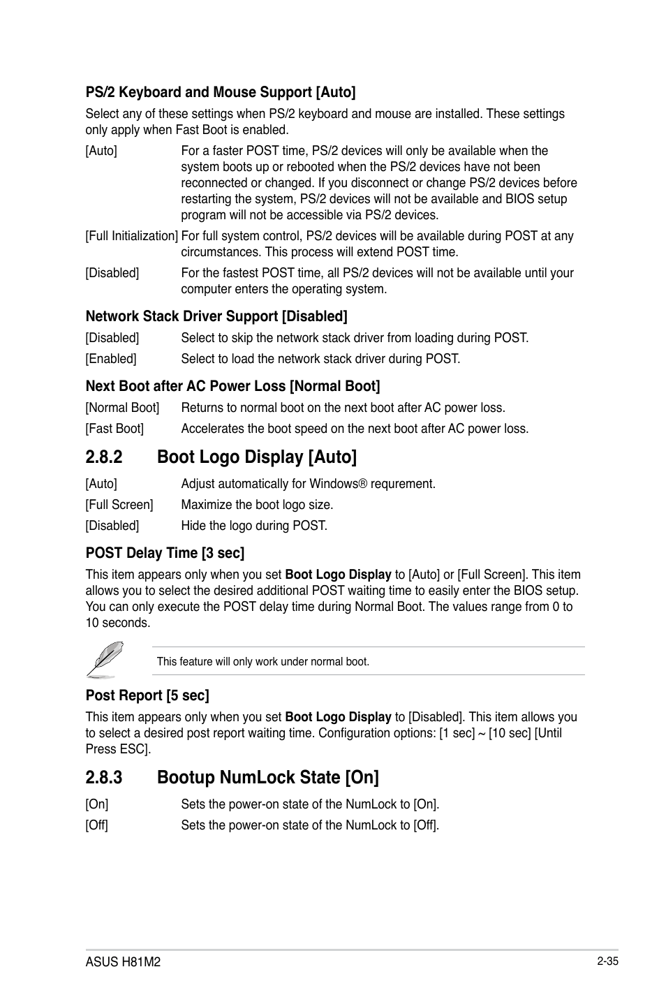 2 boot logo display [auto, 3 bootup numlock state [on | Asus H81M2 User Manual | Page 64 / 75