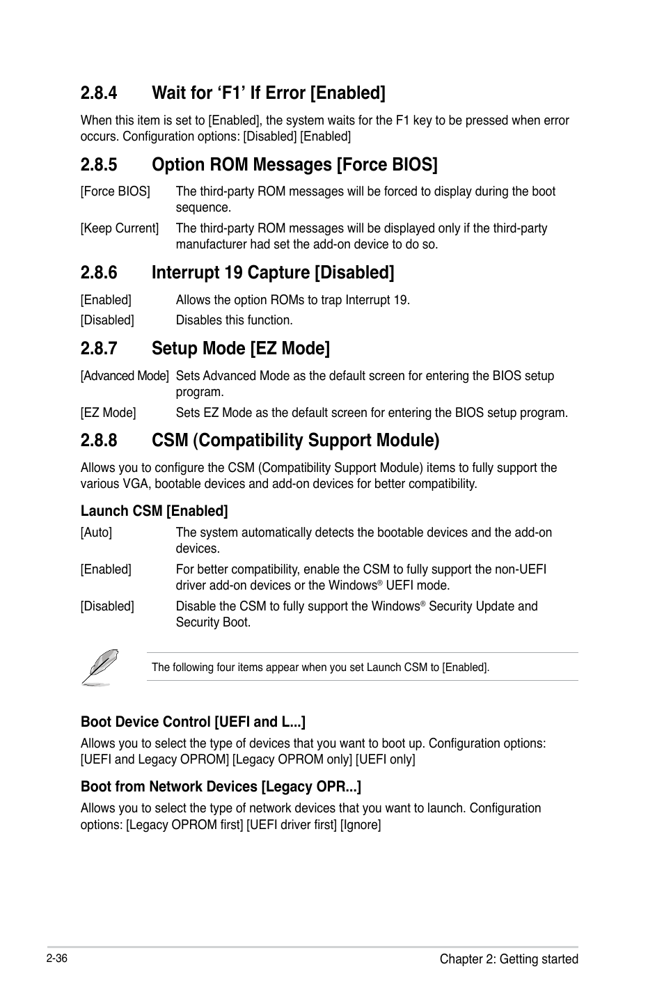 4 wait for ‘f1’ if error [enabled, 5 option rom messages [force bios, 6 interrupt 19 capture [disabled | 7 setup mode [ez mode, 8 csm (compatibility support module) | Asus H81M2 User Manual | Page 65 / 75