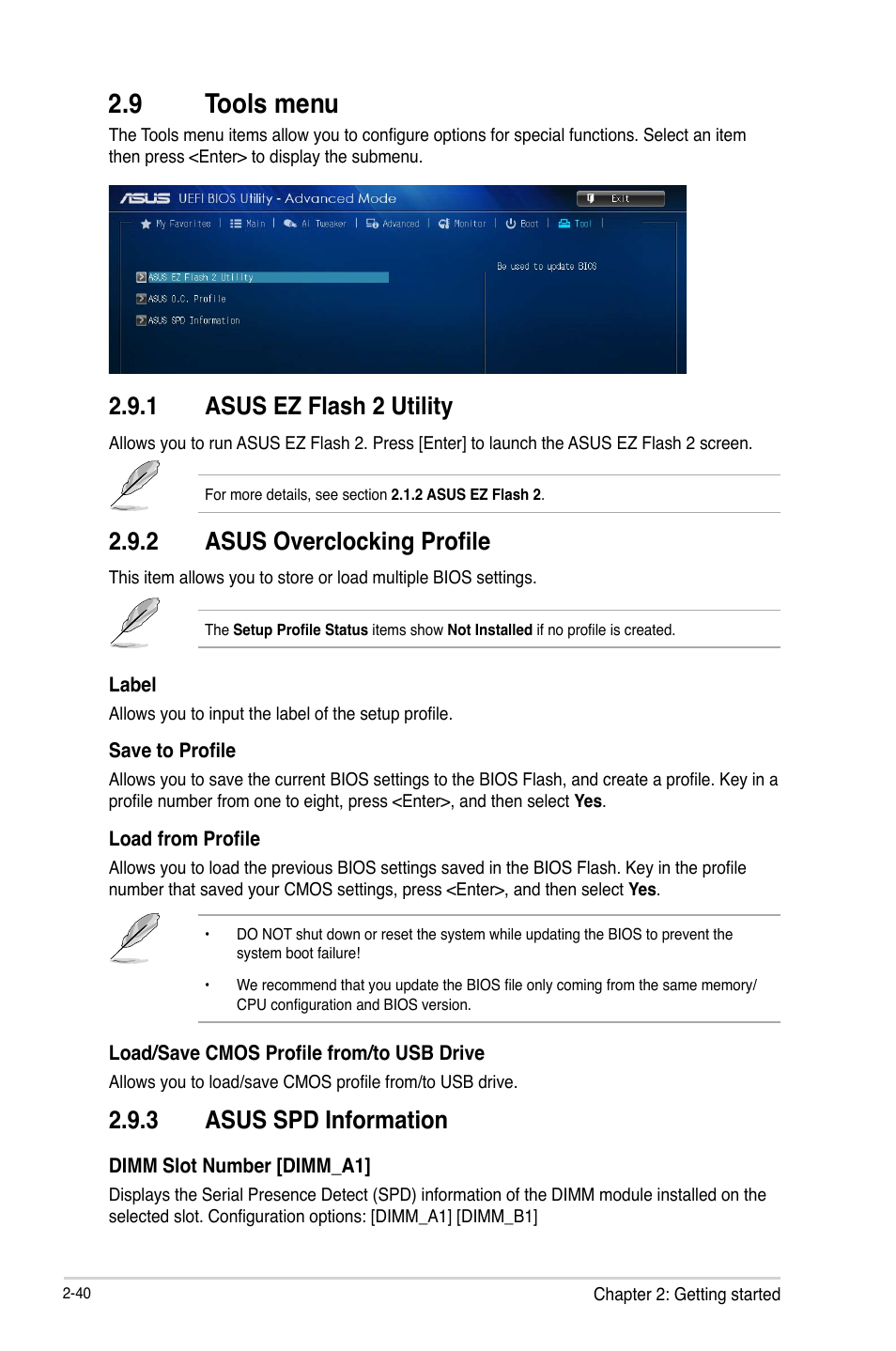 9 tools menu, Tools menu -40, 1 asus ez flash 2 utility | 2 asus overclocking profile, 3 asus spd information | Asus H81M2 User Manual | Page 69 / 75