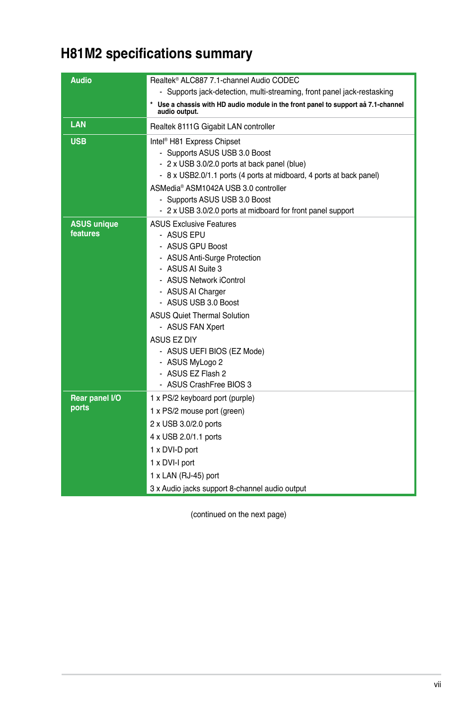 H81m2 specifications summary | Asus H81M2 User Manual | Page 7 / 75