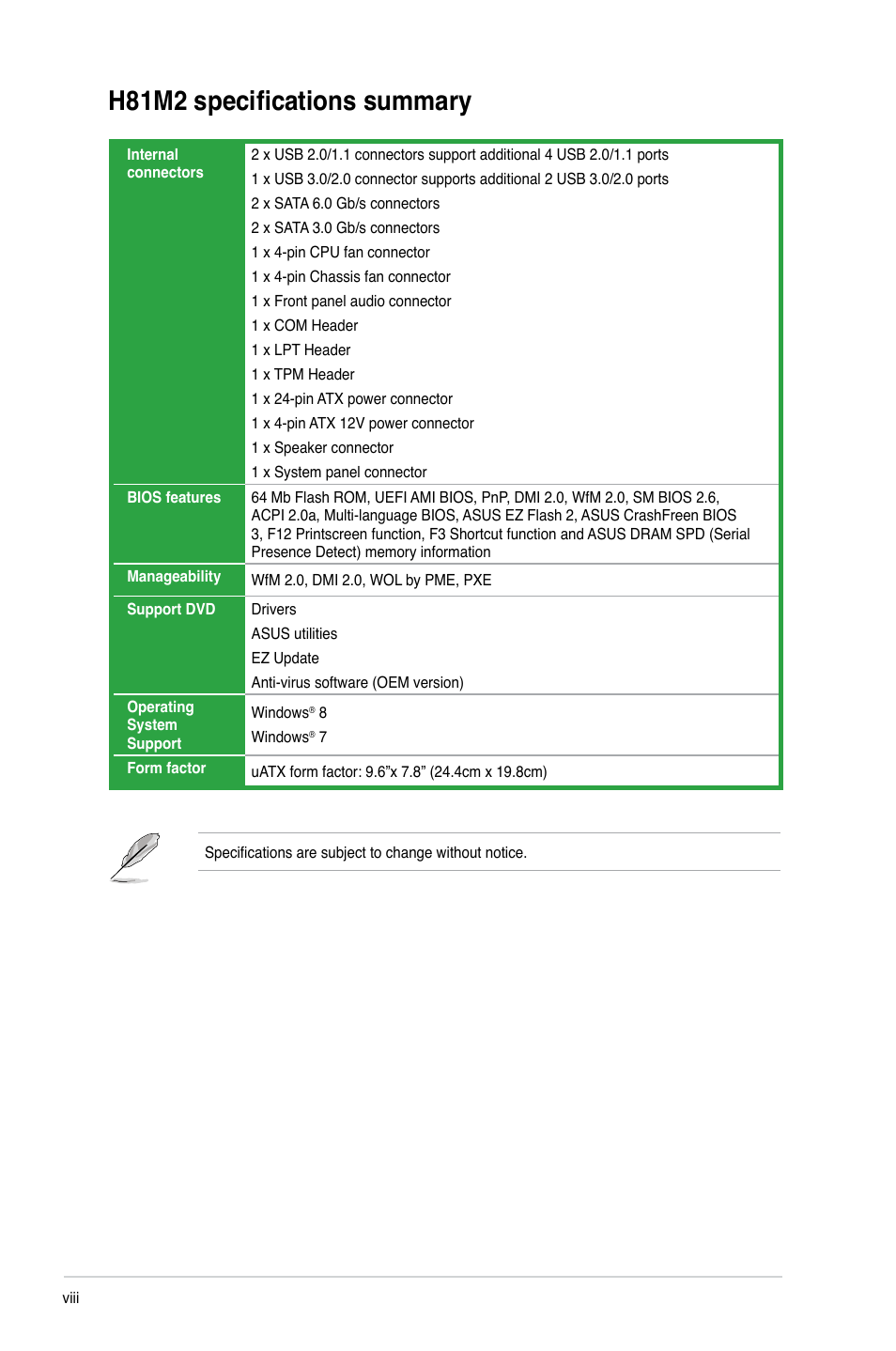 H81m2 specifications summary | Asus H81M2 User Manual | Page 8 / 75