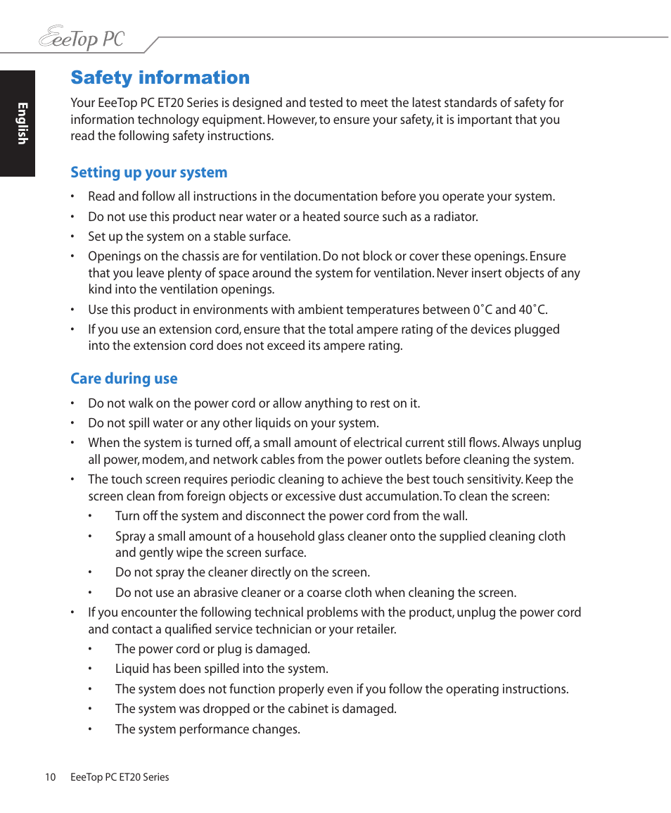 Safety information, Setting up your system, Care during use | Asus ET2001B User Manual | Page 10 / 30