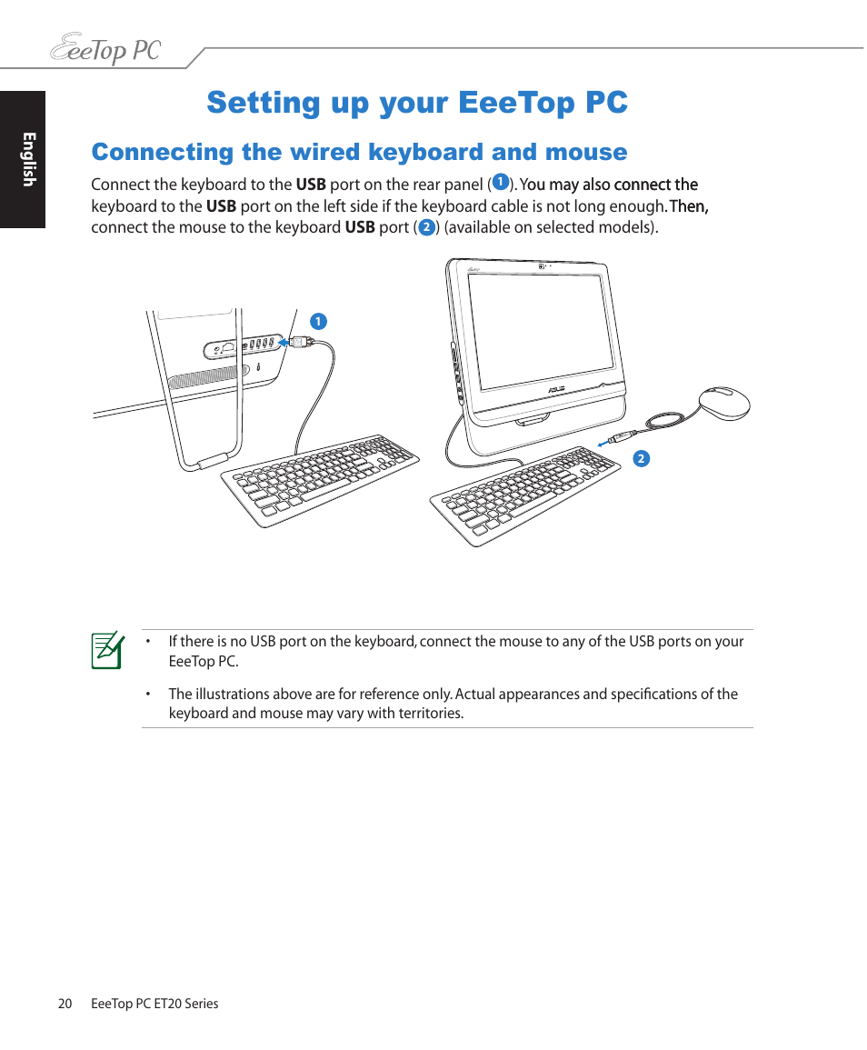 Setting up your eeetop pc, Connecting the wired keyboard and mouse | Asus ET2001B User Manual | Page 20 / 30