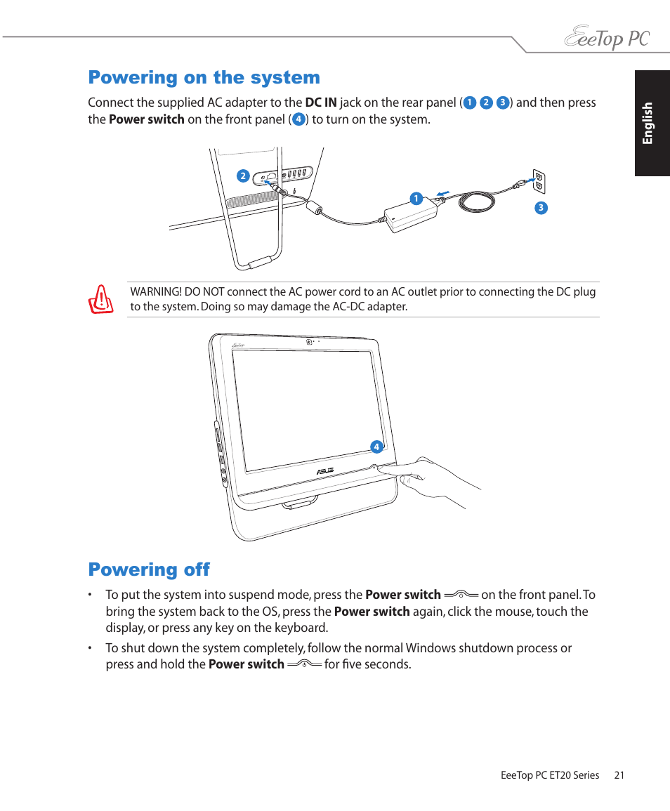 Powering on the system, Powering off | Asus ET2001B User Manual | Page 21 / 30