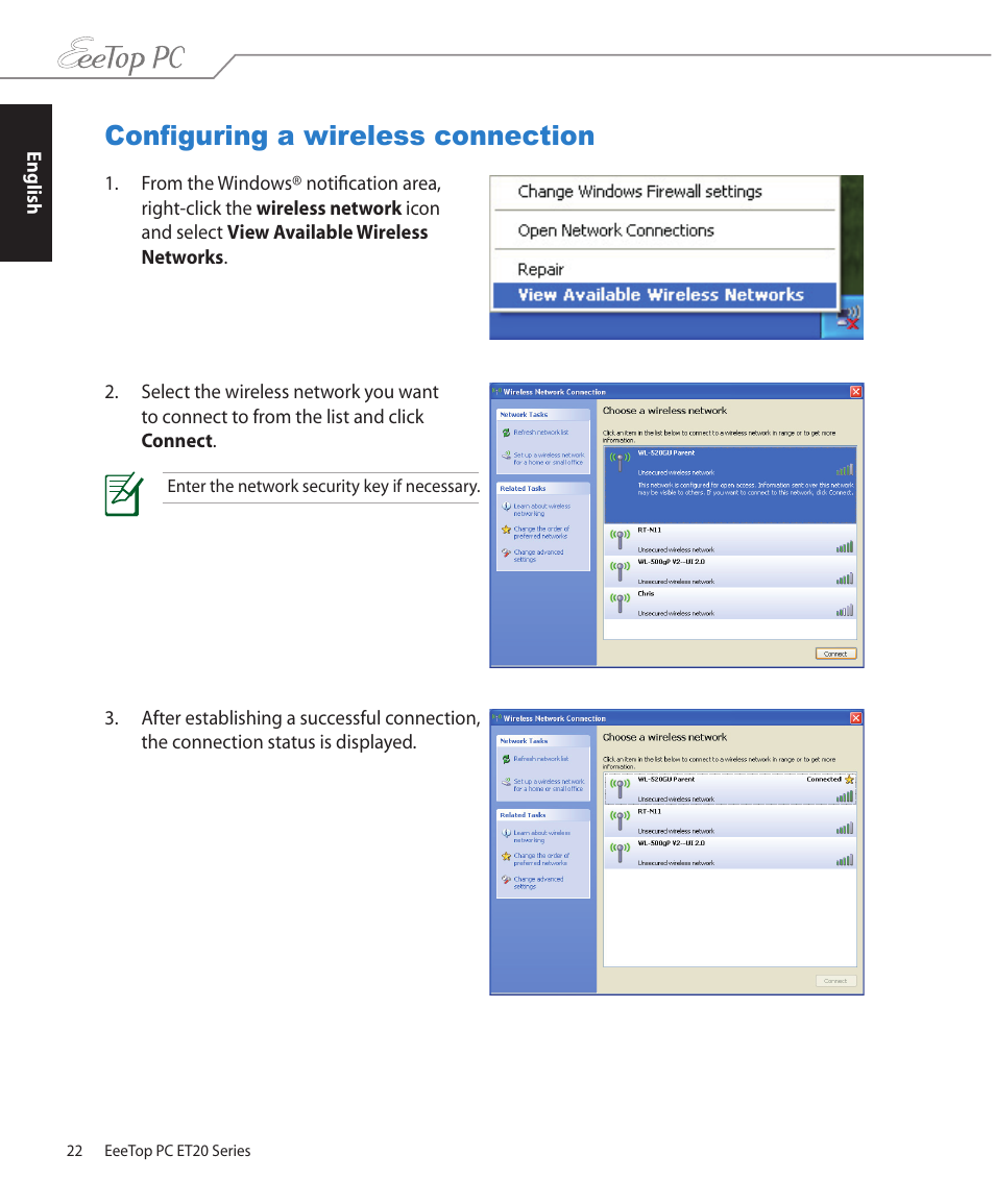 Configuring a wireless connection | Asus ET2001B User Manual | Page 22 / 30