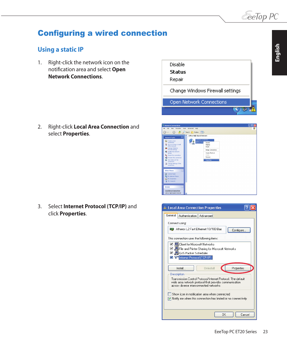 Configuring a wired connection, Using a static ip | Asus ET2001B User Manual | Page 23 / 30