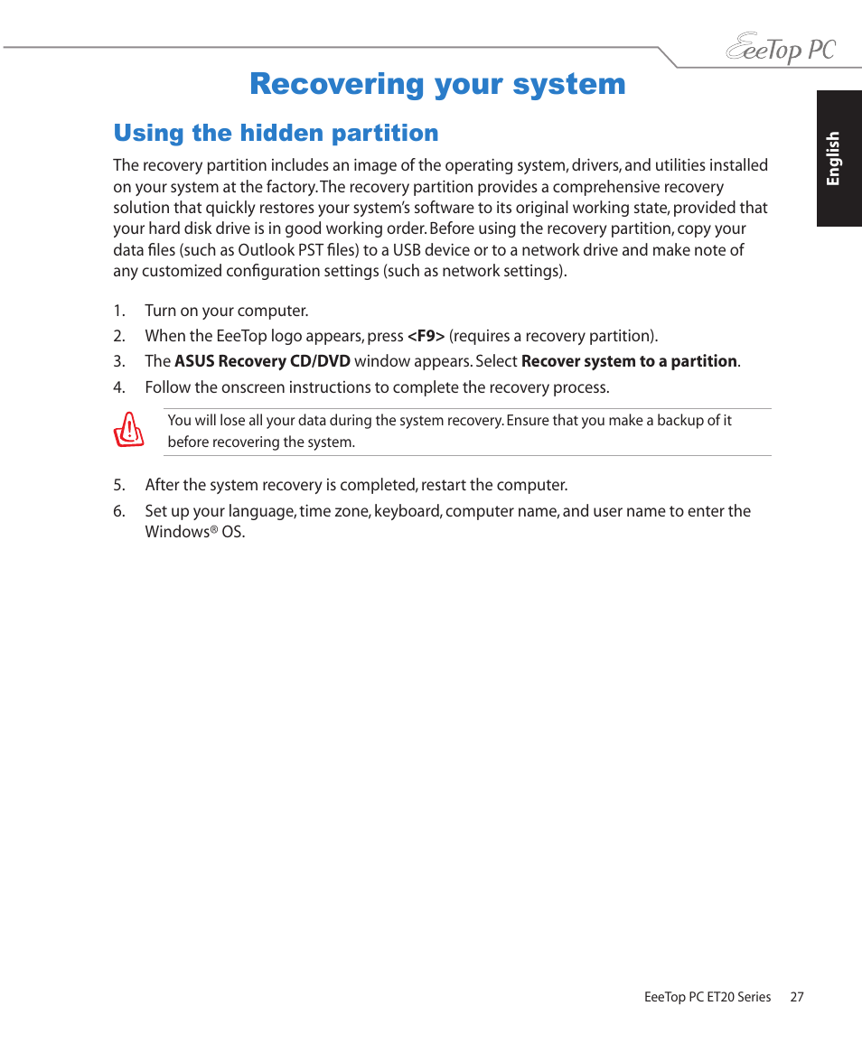 Recovering your system, Using the hidden partition | Asus ET2001B User Manual | Page 27 / 30