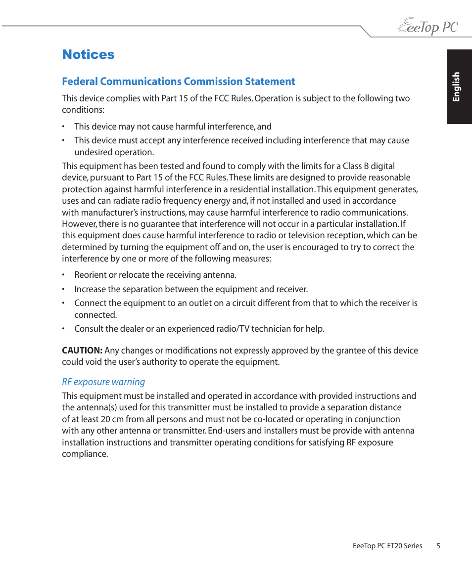 Notices, Federal communications commission statement | Asus ET2001B User Manual | Page 5 / 30