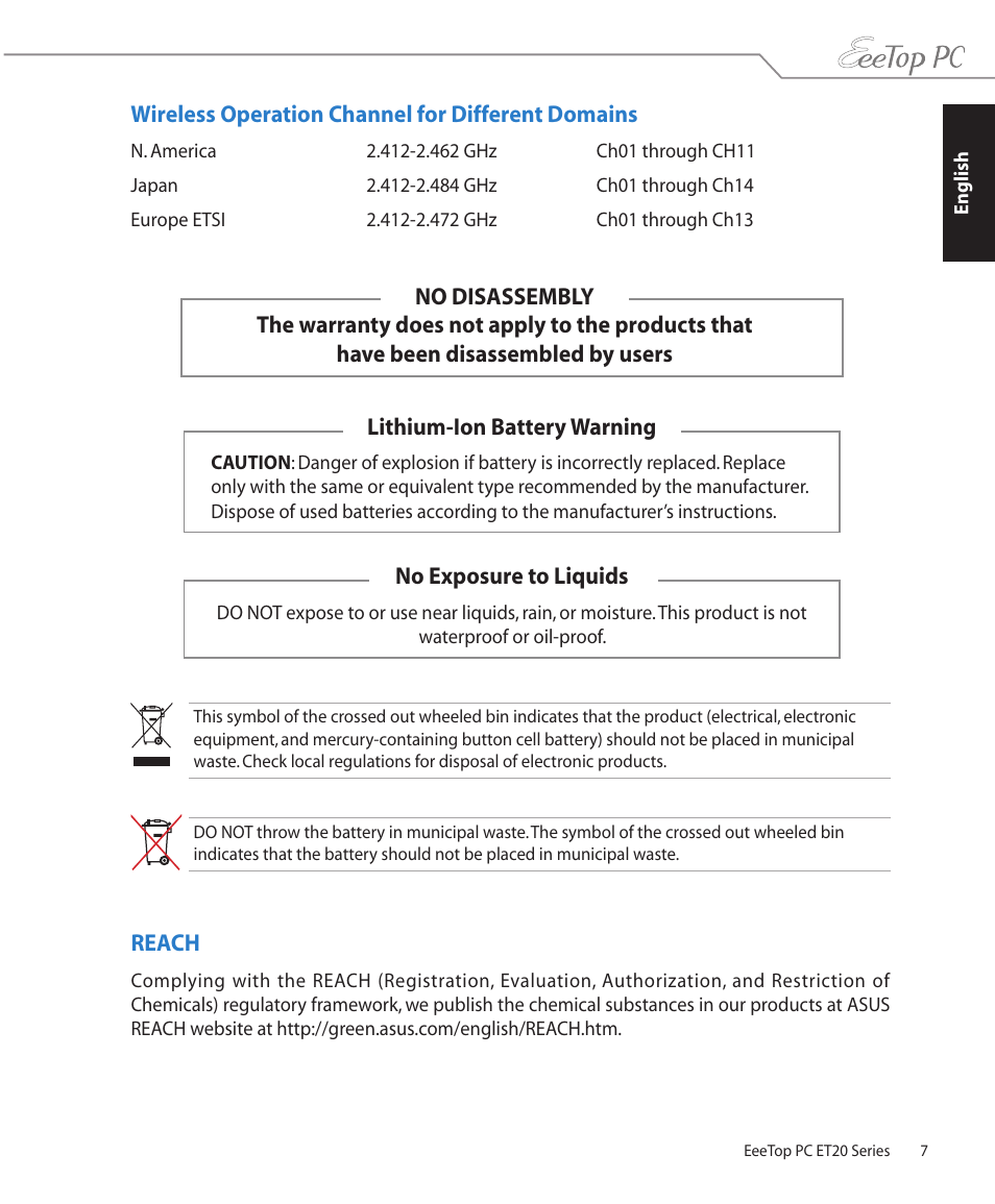 Wireless operation channel for different domains, Reach | Asus ET2001B User Manual | Page 7 / 30