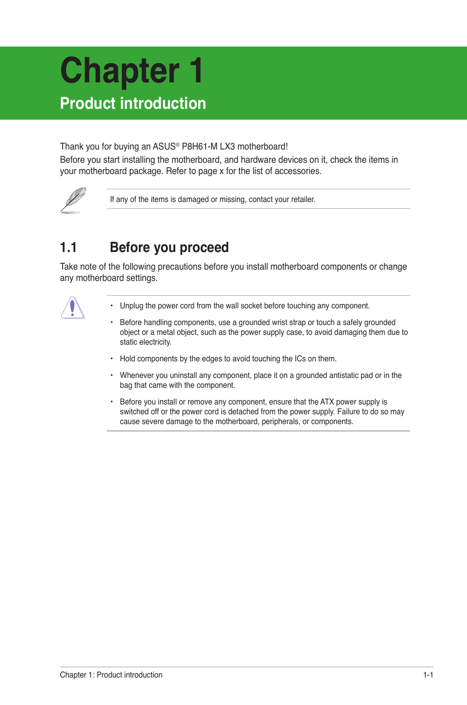 Chapter 1, Product introduction, 1 before you proceed | Before you proceed -1 | Asus P8H61-M LX3 User Manual | Page 11 / 58
