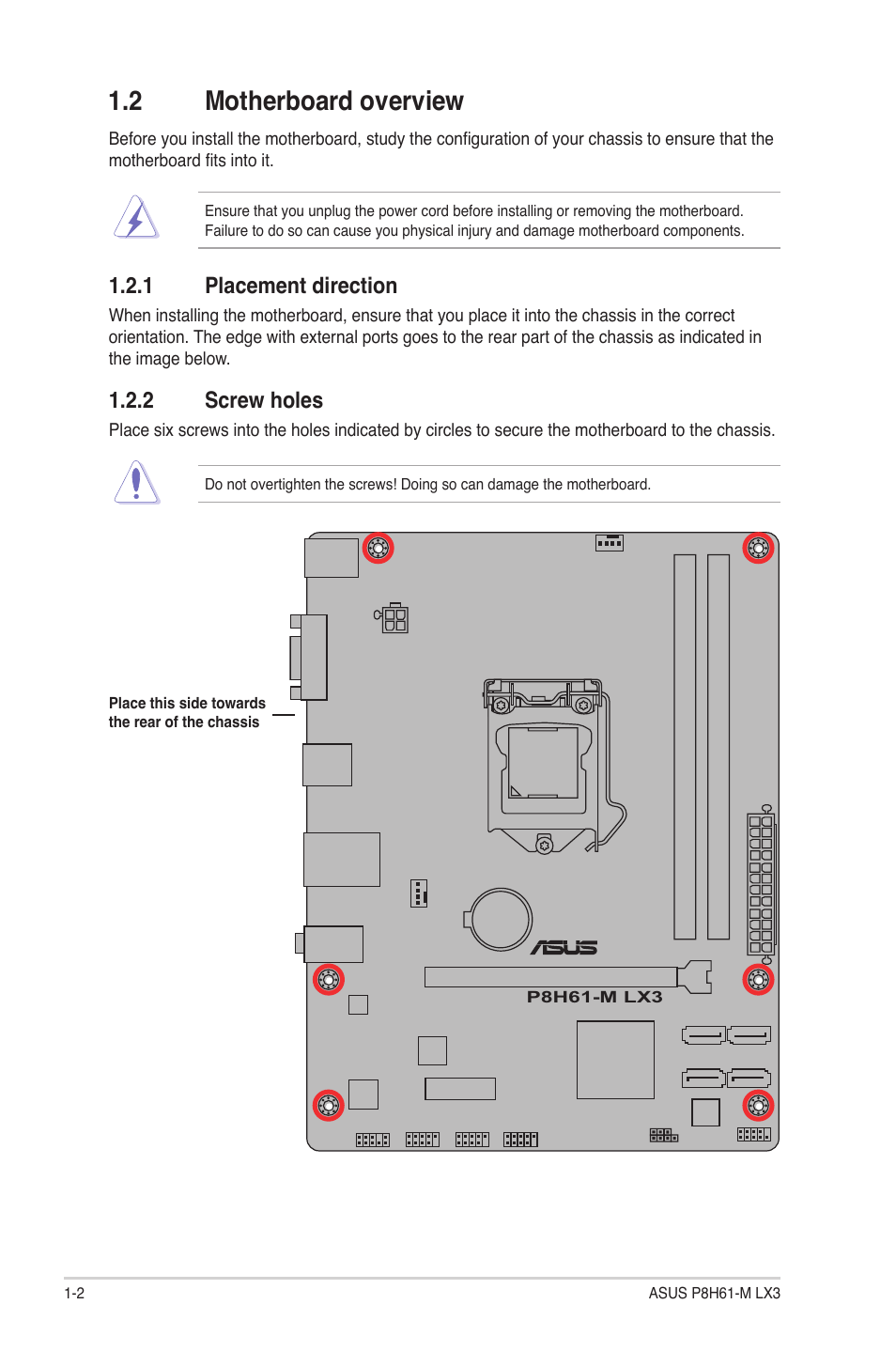 2 motherboard overview, 1 placement direction, 2 screw holes | Motherboard overview -2 1.2.1, Placement direction -2, Screw holes -2 | Asus P8H61-M LX3 User Manual | Page 12 / 58