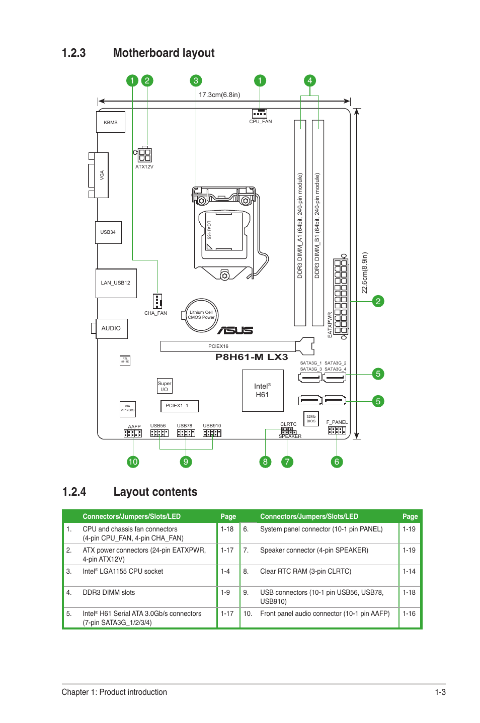 3 motherboard layout, 4 layout contents, Motherboard layout -3 | Layout contents -3, 3 motherboard layout 1.2.4 layout contents, P8h61-m lx3 | Asus P8H61-M LX3 User Manual | Page 13 / 58