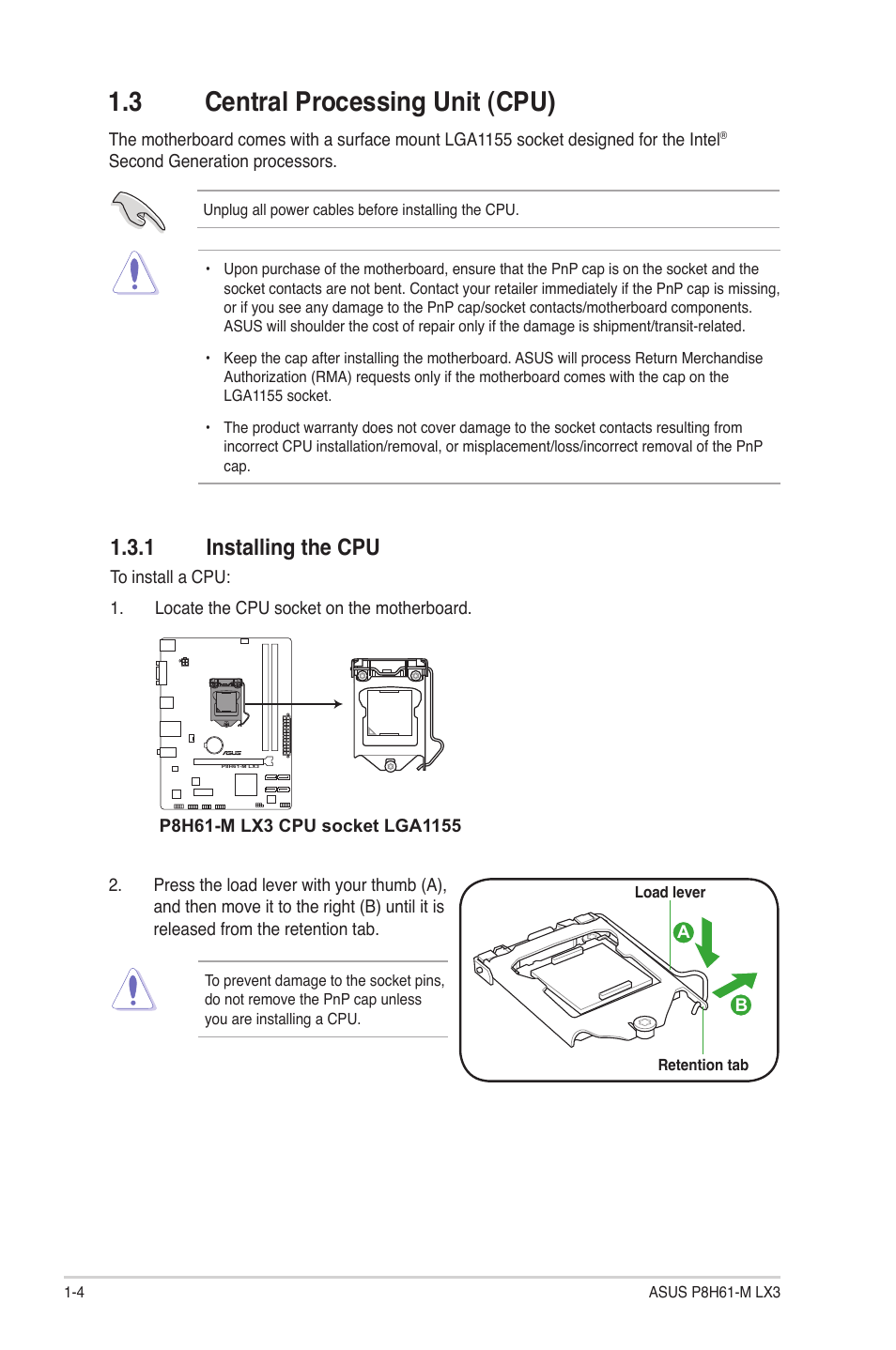 3 central processing unit (cpu), 1 installing the cpu, Central processing unit (cpu) -4 1.3.1 | Installing the cpu -4 | Asus P8H61-M LX3 User Manual | Page 14 / 58