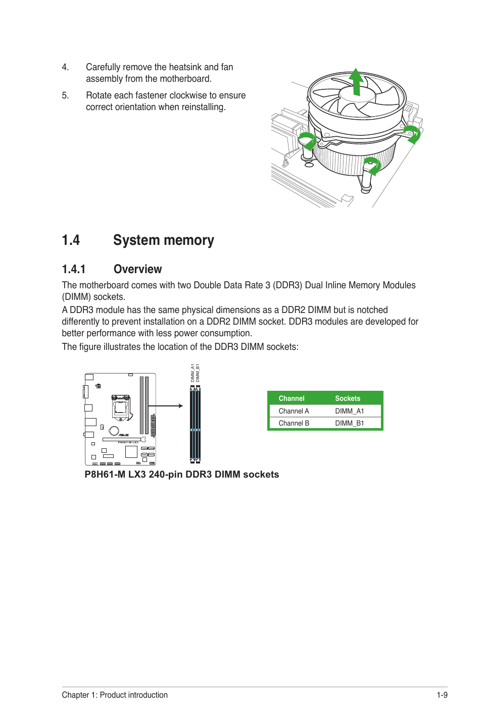 4 system memory, 1 overview, System memory -9 1.4.1 | Overview -9 | Asus P8H61-M LX3 User Manual | Page 19 / 58