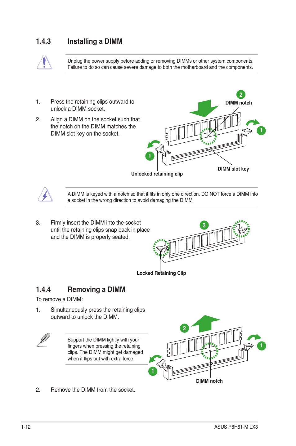 3 installing a dimm, 4 removing a dimm, Installing a dimm -12 | Removing a dimm -12 | Asus P8H61-M LX3 User Manual | Page 22 / 58